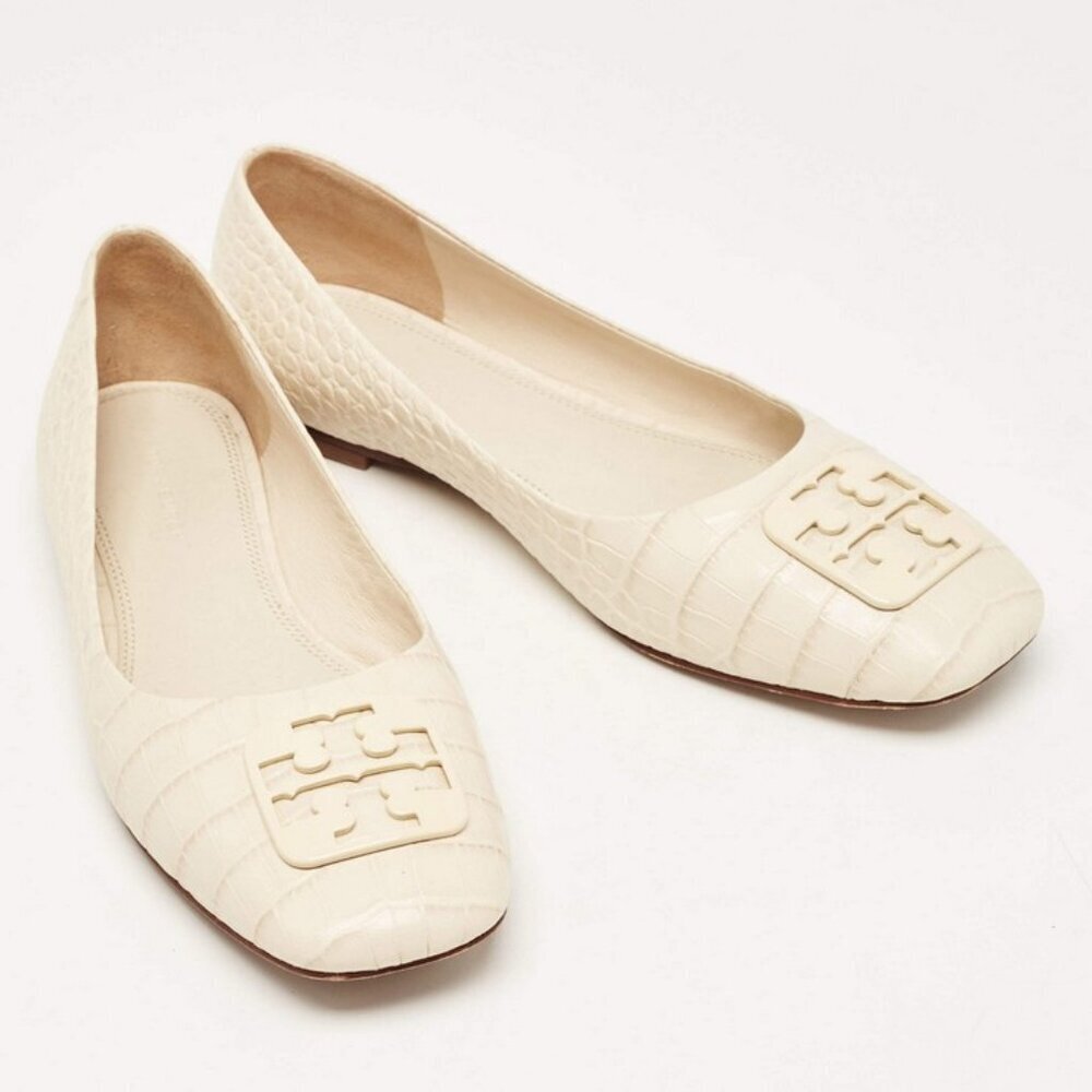 💕TORY BURCH💕 Georgia Ballet Flat ~ Croc Embossed Leather New Cream 10 NWOT